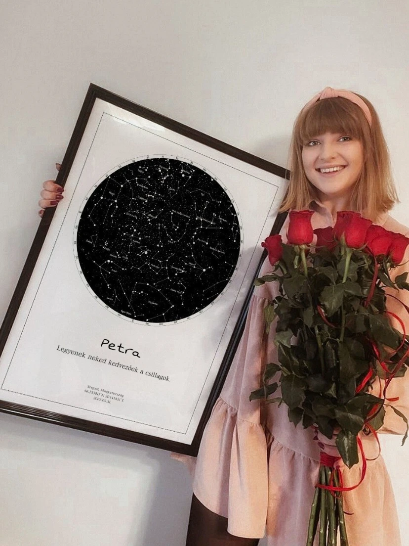 Egy boldog nő rózsákkal ünnepli a születésnapját, és egy 'Petra' névre szóló születésnapi csillagtérképet tart.