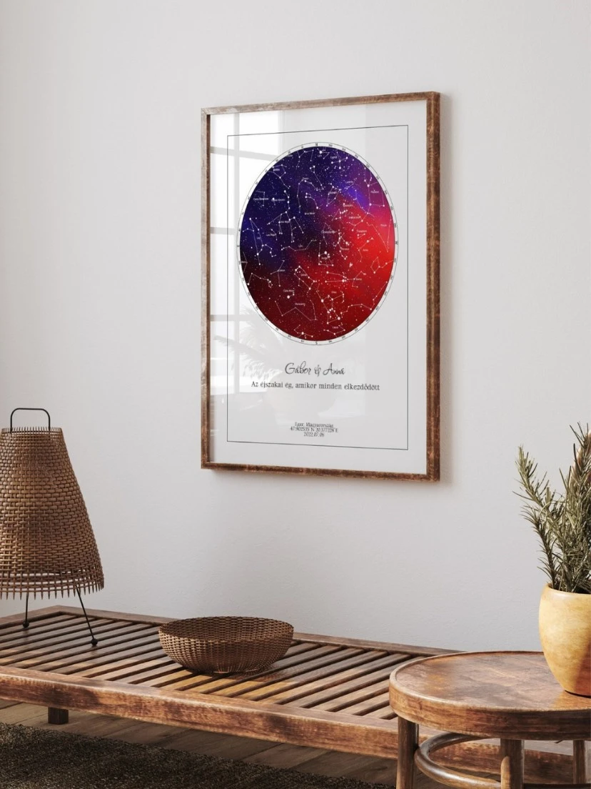Egyedi csillagtérkép design pároknak, Gábor és Anna nevével, egy modern otthon falán.