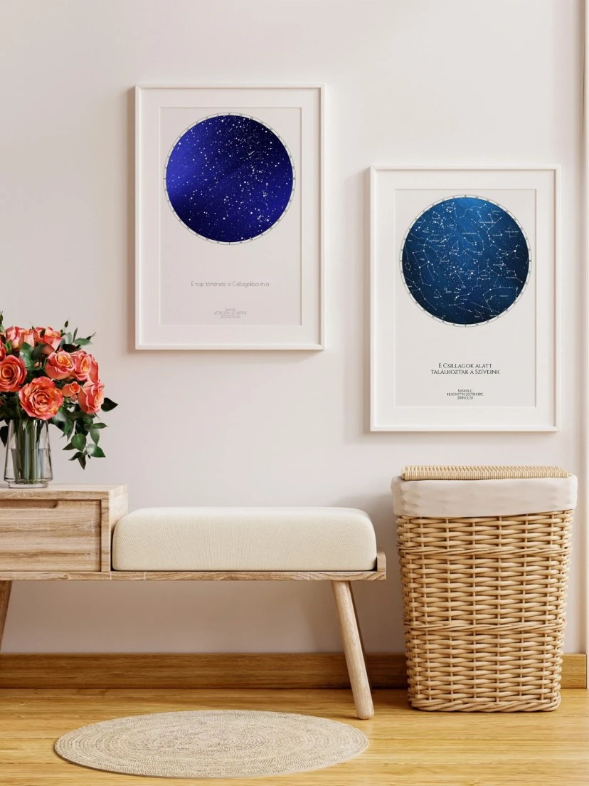 Két modern csillagtérkép design fehér keretben a falon, mint stílusos lakásdekoráció.