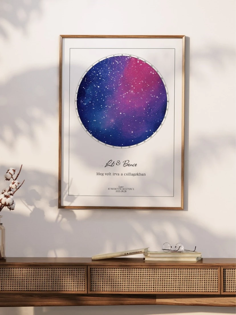 Romantikus csillagtérkép pároknak 'Lili & Bence' nevével és egy 'Meg volt írva a csillagokban' idézettel.