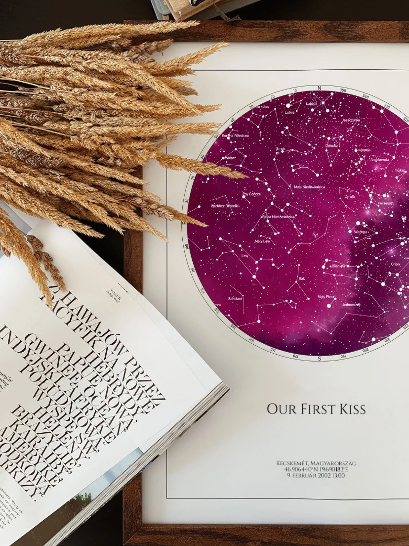 Romantikus csillagtérkép ajándék eljegyzésre, az "Our First Kiss" felirattal, mint a közös út kezdete.