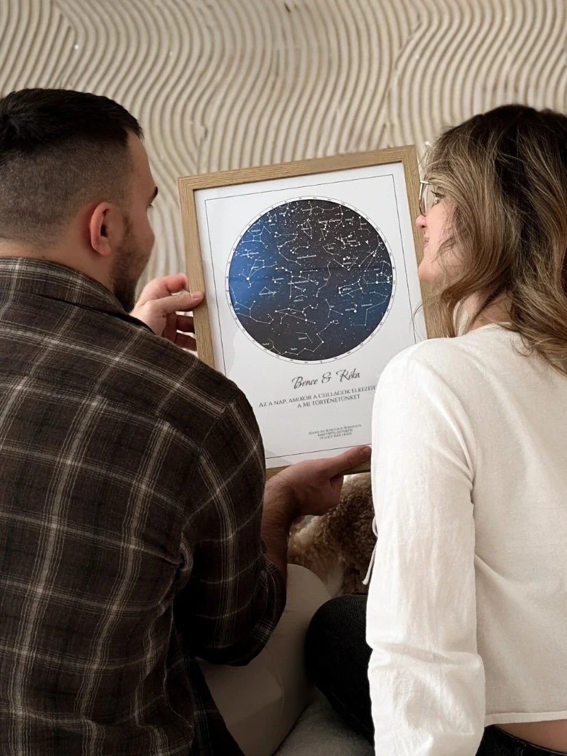 Egy pár egy egyedi csillagtérképet néz, ami tökéletes nászajándék vagy ajándék esküvőre.