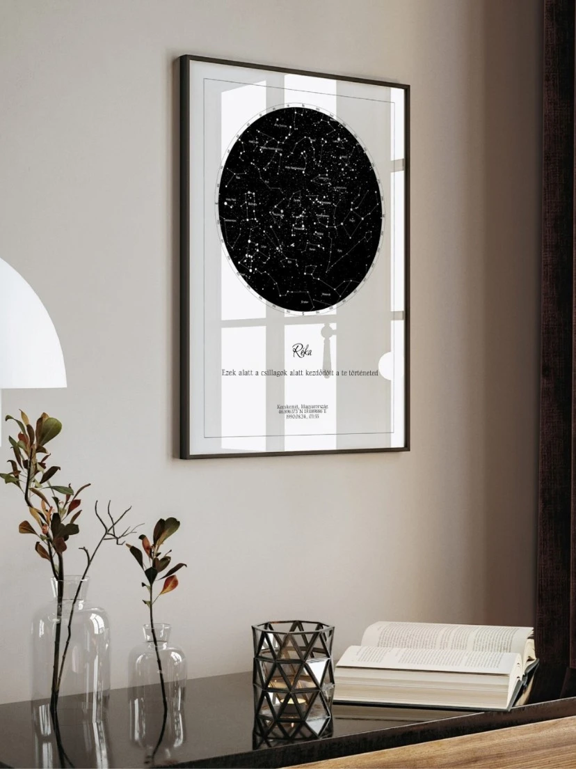Minimalista csillagtérkép "Réka" névvel, egyedi ajándék keresztelőre vagy babaszületésre.