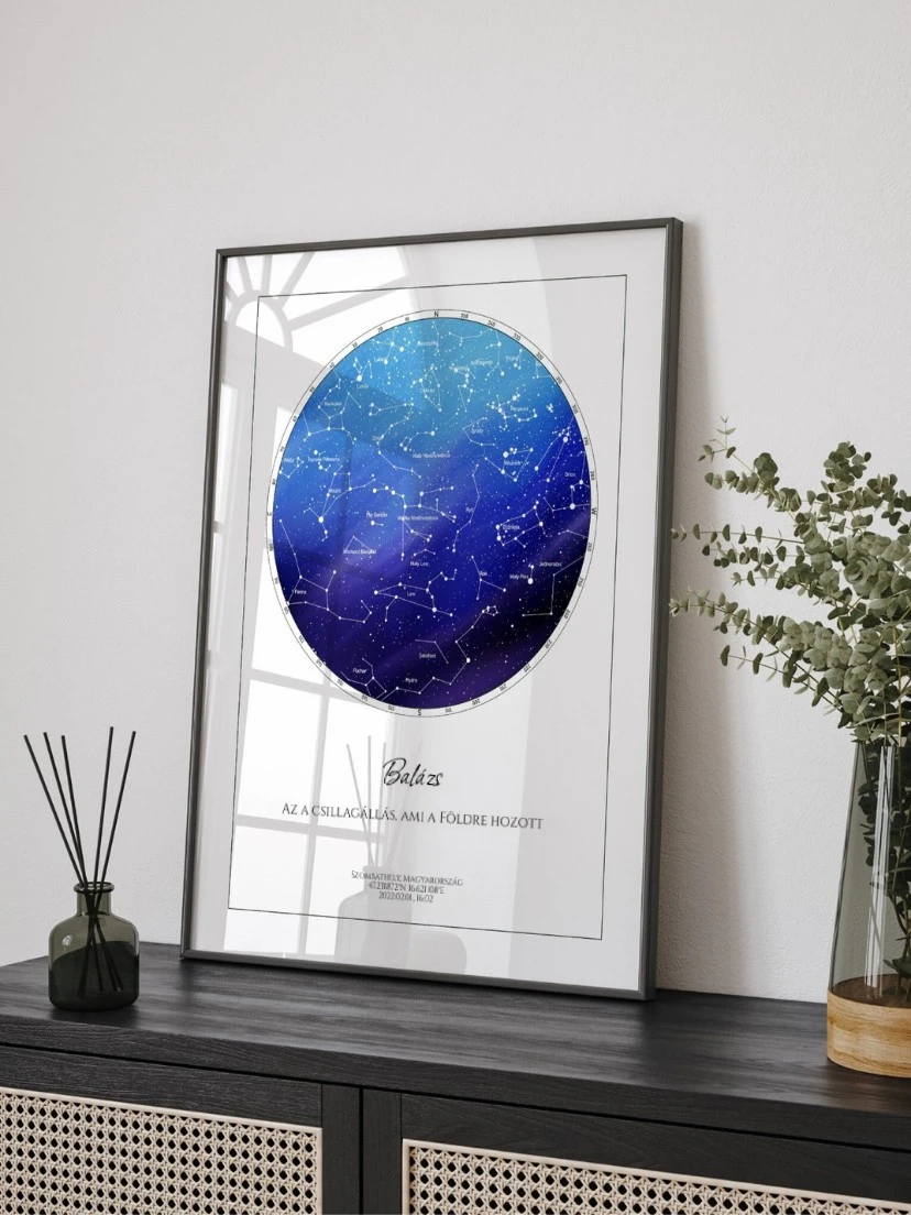 Születési csillagtérkép poszter "Balázs" névvel és "Az a csillagállás, ami a Földre hozott" idézettel.